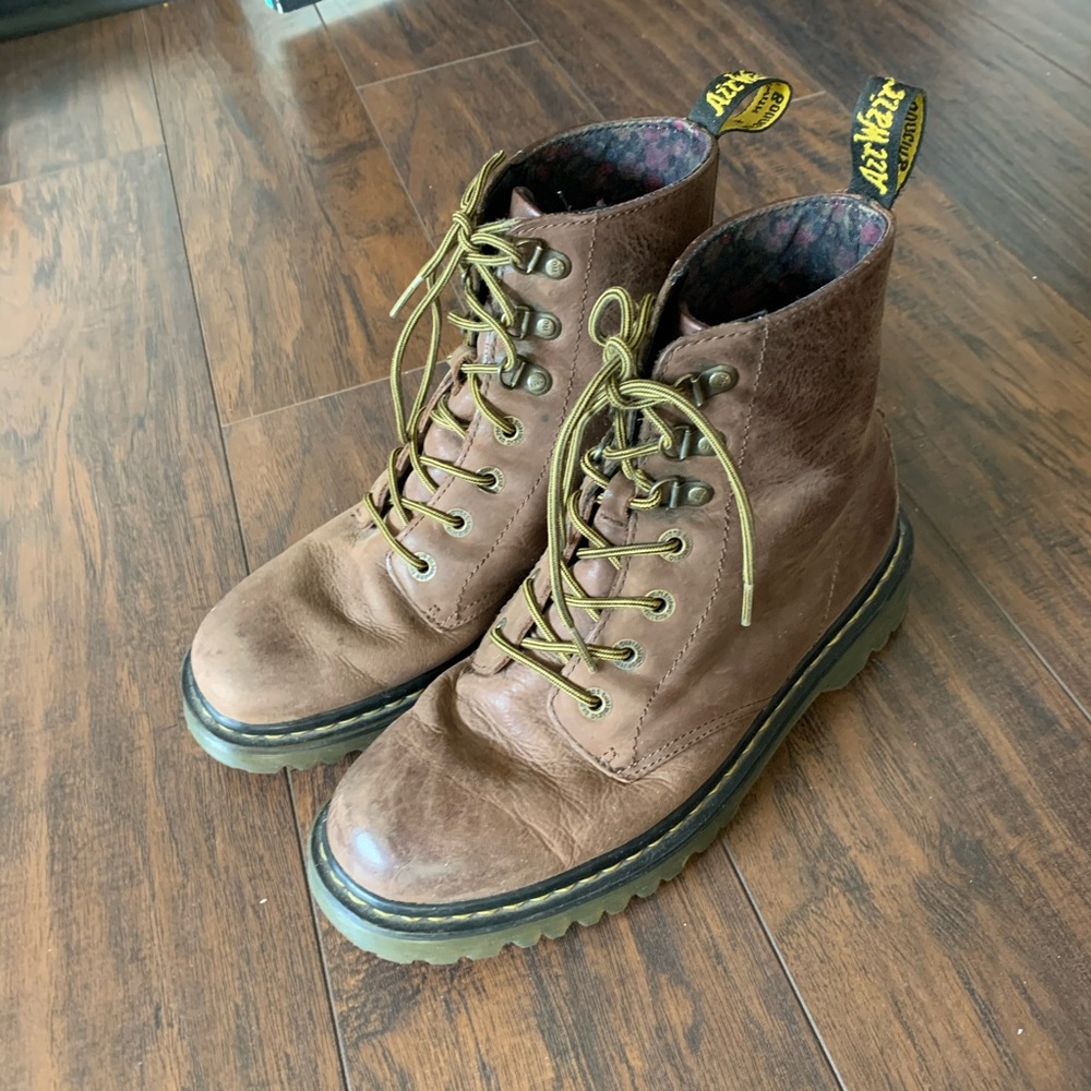 Brown leather doc martens with floral patern